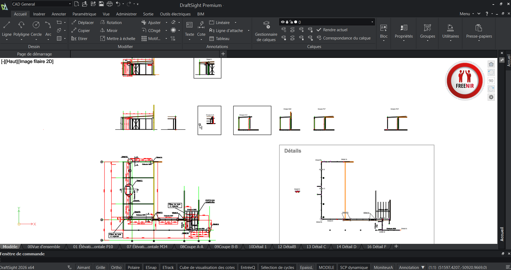 Plan de menuiserie détaillé réalisé sur DraftSight par Freenir à Paris