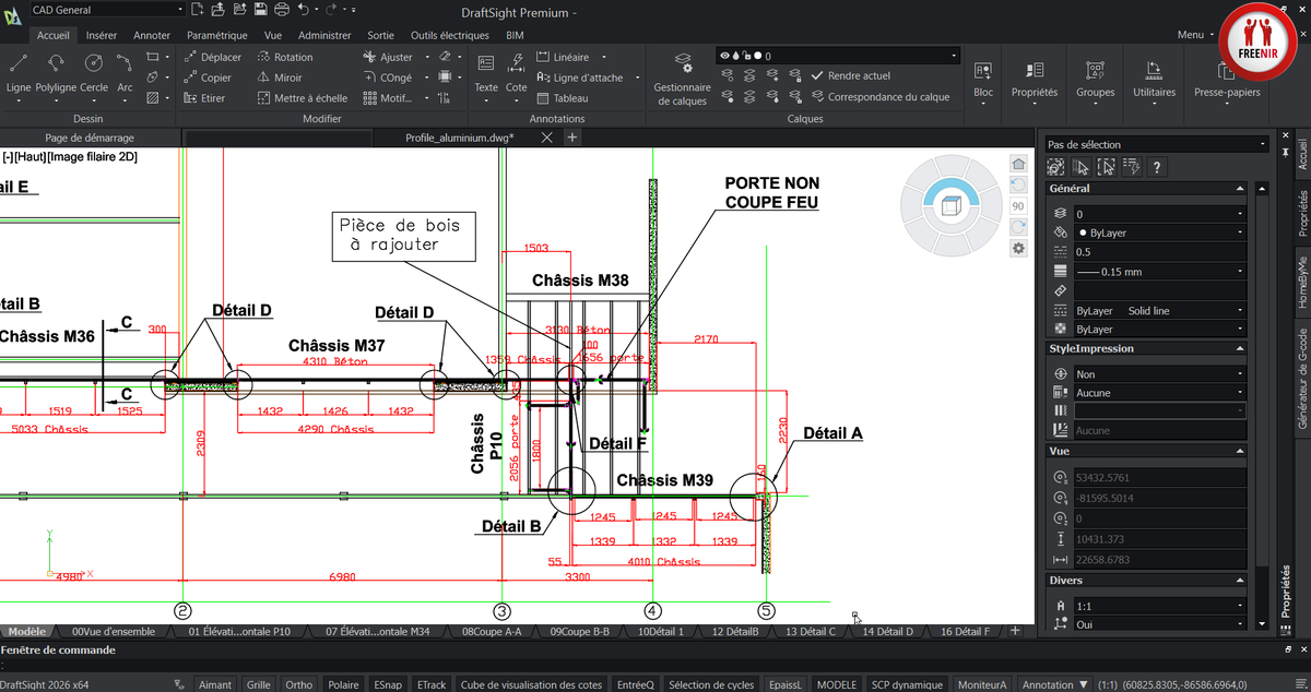 Extrait de plan de menuiserie et détails de châssis sur DraftSight, Freenir Paris