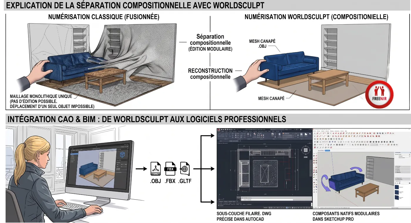 Séparation compositionnelle WorldSculpt et intégration CAO/BIM (AutoCAD, SketchUp)
